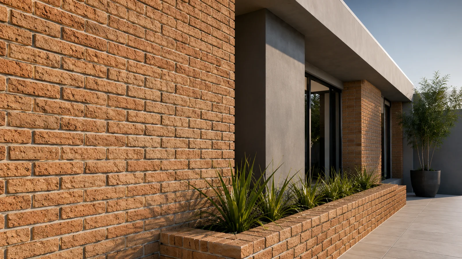 Detailed clay brick facade with modern landscaping