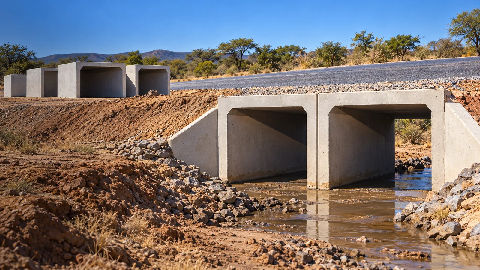PANDA rectangular precast concrete culverts installed beneath a Botswana road