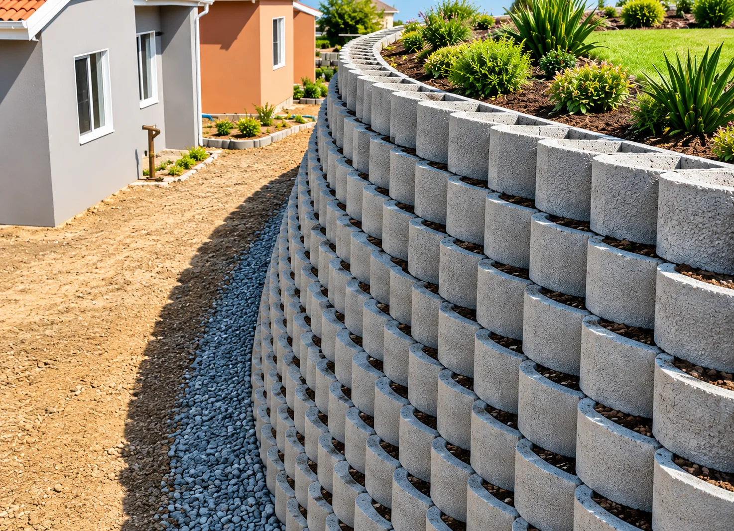 Concrete retaining-wall block application illustration